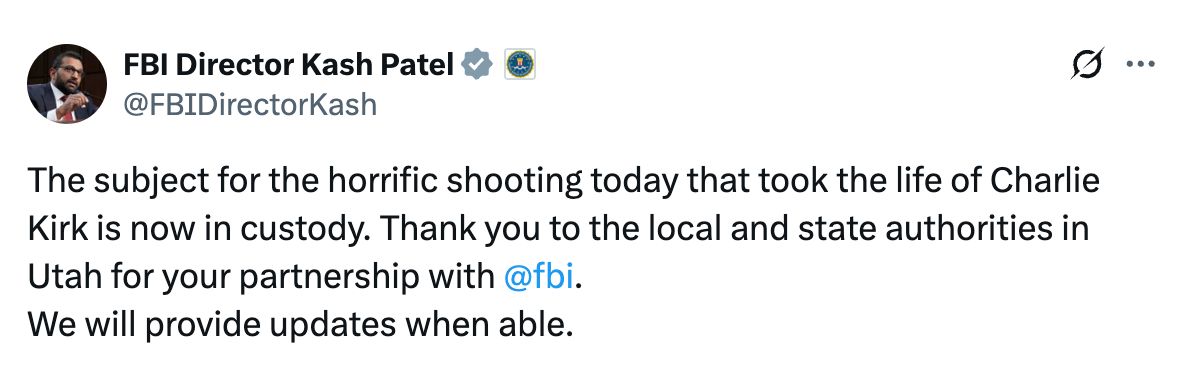 FBI Confirms Arrest of Suspect in Charlie Kirk Assassination